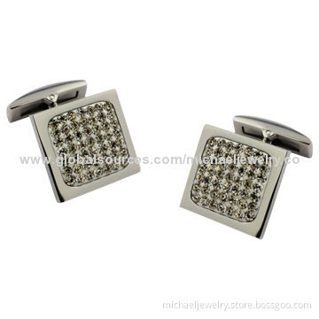 Stainless Steel Cufflinks, with White Crystal PP Stones
